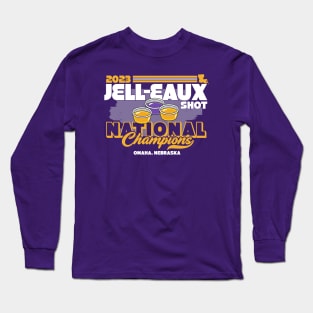Jelleaux Shot National Champions 2023 Omaha Purple and Gold Louisiana Long Sleeve T-Shirt